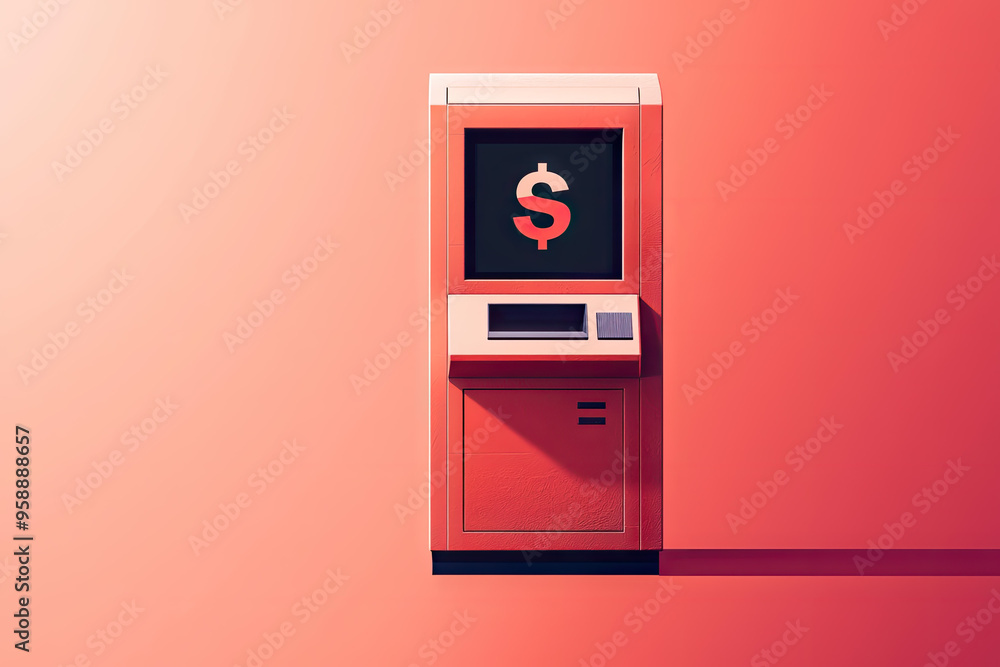 A Minimalist Take on Finance: A Red ATM Kiosk with a Dollar Sign Gleaming on its Screen, Standing Out Against a Vibrant Coral Background. A Minimalist Take on Finance: A Red ATM Kiosk with a Dollar Sign Gleaming on its Screen, Standing Out Against a Vibrant Coral Background.