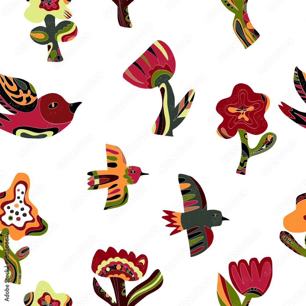 Naklejka premium Flowers and birds stylized folk art elements Vector seamless overlapping pattern