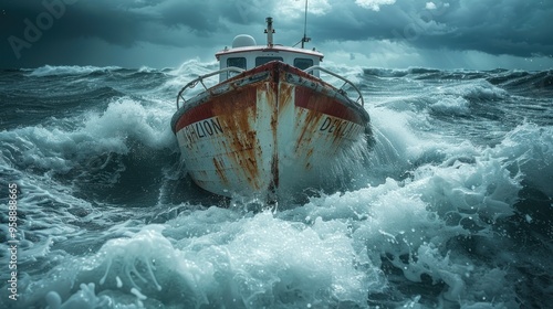 A helicopter rescue mission in difficult stormy weather at sea. sinking boat storm out at sea with heavy rain