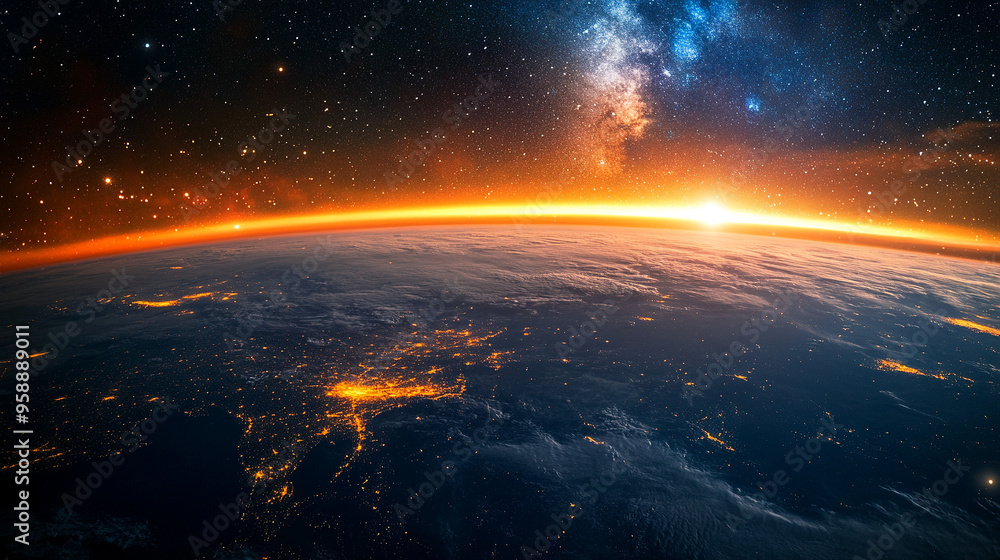 View of the planet Earth from space at night, with stars and a galaxy in the sky, an orange glow on the horizon View of the planet Earth from space at night, with stars and a galaxy in the sky, an orange glow on the horizon