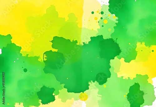 Abstract colorful splatter painting with green, yellow, and white paint splatters watercolor