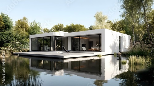 Modern White House with Large Windows and Deck Over Pond