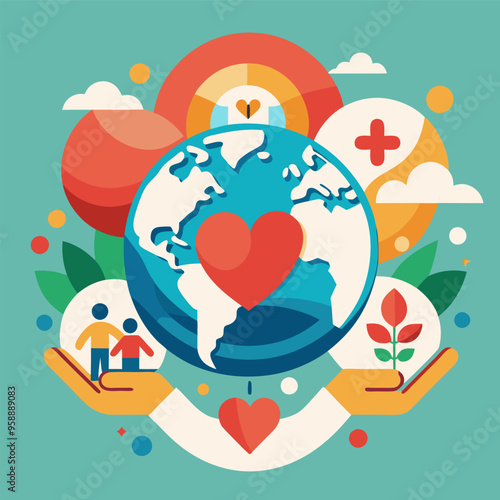 A globe with a heart in the center surrounded by hands