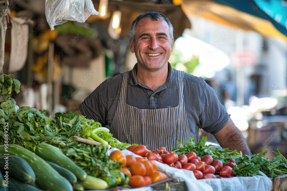 A beaming vendor stands proudly behind a vibrant table overflowing with fresh vegetables, ready to share the bounty of the harvest. A beaming vendor stands proudly behind a vibrant table overflowing with fresh vegetables, ready to share the bounty of the harvest.