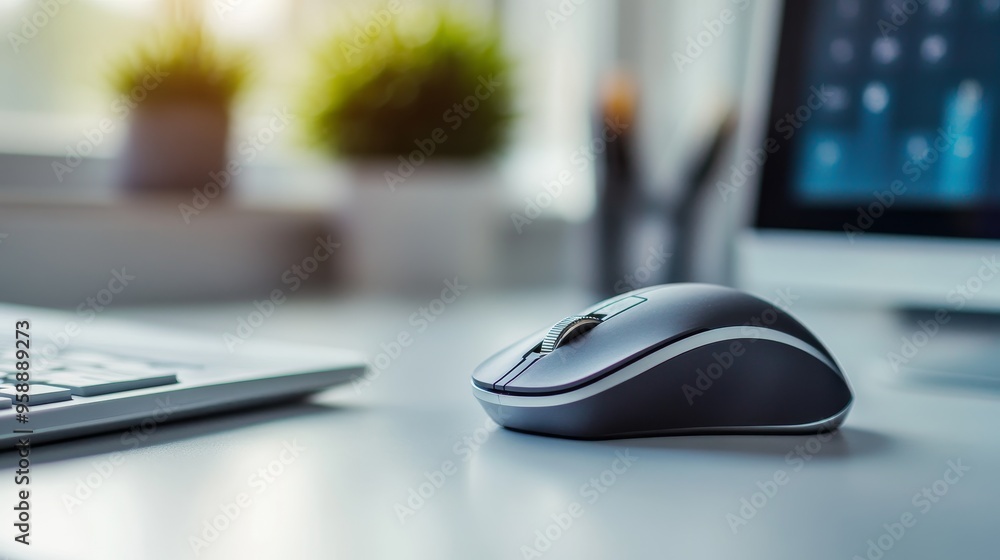 A sleek computer mouse sits on a desk beside a keyboard, with a blurred background of plants and a monitor. A sleek computer mouse sits on a desk beside a keyboard, with a blurred background of plants and a monitor.