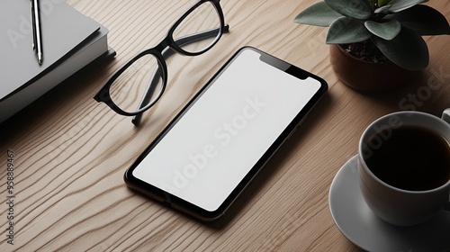 Modern Workspace with Smartphone Glasses Coffee and Plant