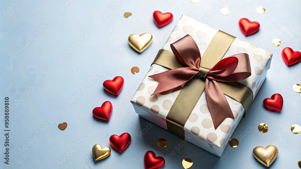 A wrapped gift featuring a soft-colored bow is placed at the center, surrounded by small red and gold heart decorations, creating a festive atmosphere perfect for celebrations A wrapped gift featuring a soft-colored bow is placed at the center, surrounded by small red and gold heart decorations, creating a festive atmosphere perfect for celebrations