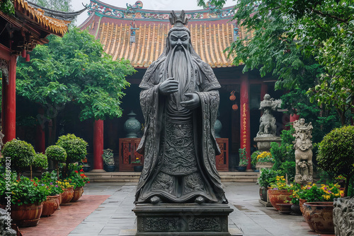 A Majestic Guardian:  A towering statue of a Chinese deity stands in the serene courtyard of a temple, surrounded by lush greenery.