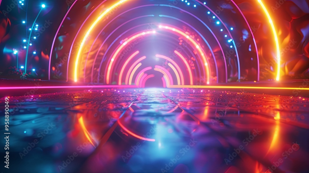 Neon Lights Reflecting on Wet Floor with Archway Neon Lights Reflecting on Wet Floor with Archway