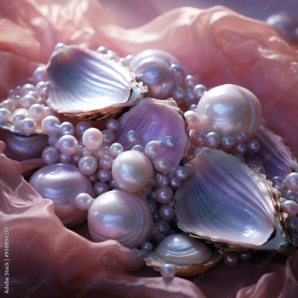 A beautiful assorted pile of shimmering pearls and seashells on a pink cloth A beautiful assorted pile of shimmering pearls and seashells on a pink cloth