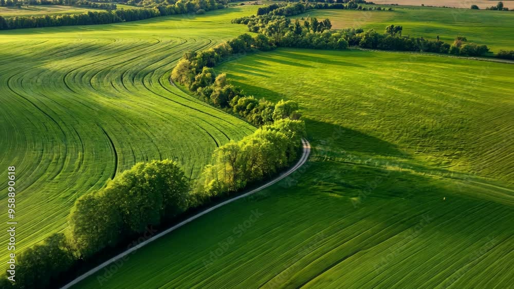 Aerial view of lush green farmland and winding road in a tranquil rural landscape during daylight hours Aerial view of lush green farmland and winding road in a tranquil rural landscape during daylight hours