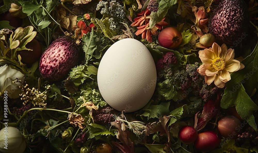 A Single White Egg Surrounded by Flowers, Fruits, and Foliage A Single White Egg Surrounded by Flowers, Fruits, and Foliage