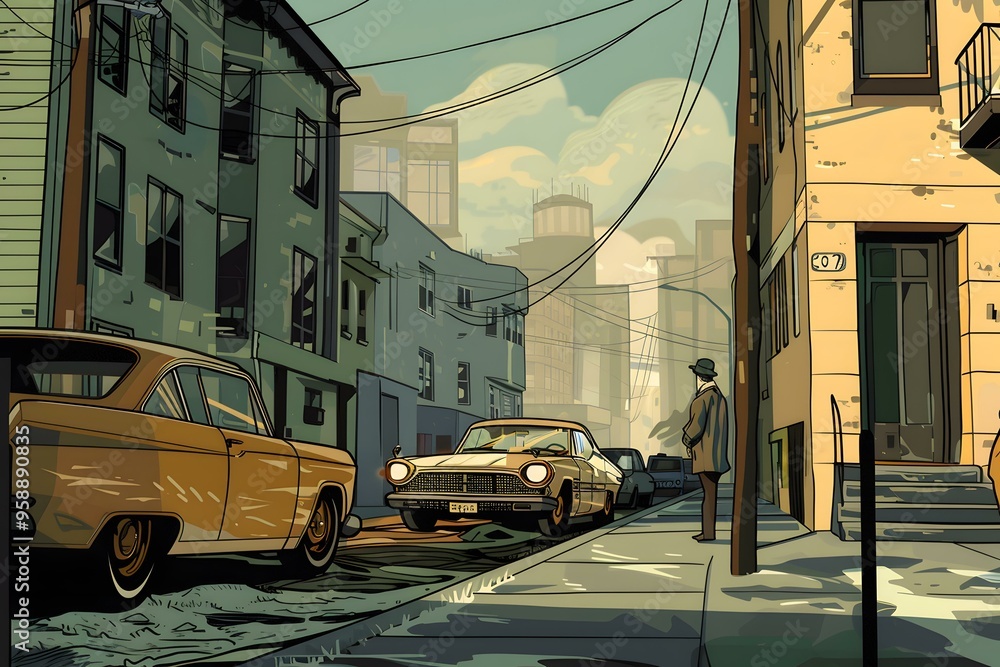 Obraz premium Vintage City Street Illustration with a Man Standing on the Sidewalk