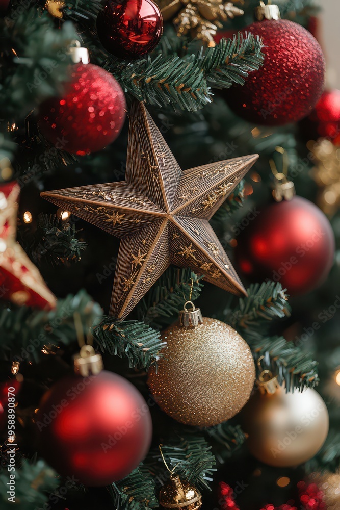 Close-up of Decorated Christmas Tree with Ornaments Close-up of Decorated Christmas Tree with Ornaments