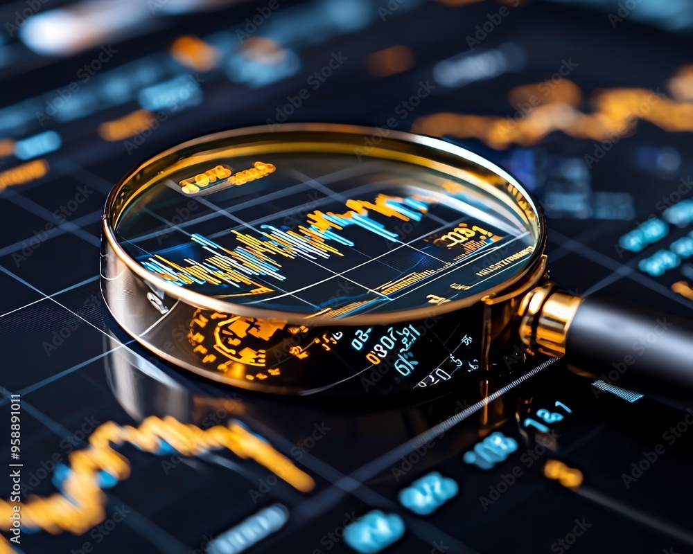 Obraz premium Close-up of a magnifying glass revealing financial data on a digital screen, showcasing trends and analytics for market analysis.