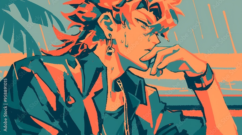 Stylish young male with spiky hair, contemplating in a colorful, rainy backdrop. Stylish young male with spiky hair, contemplating in a colorful, rainy backdrop.