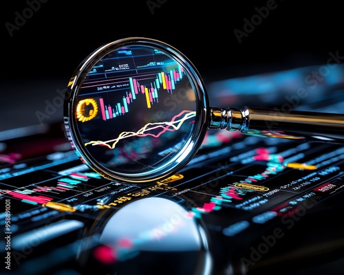 A close-up view of financial data under a magnifying glass, highlighting trends and market fluctuations on a digital screen. photo