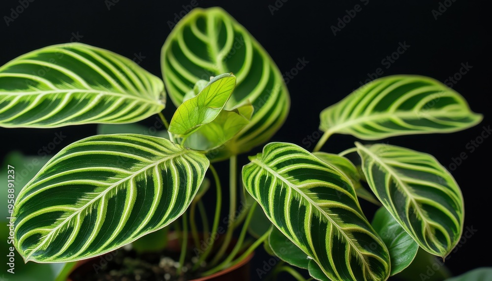 Close-up of a vibrant plant showcasing unique, striking green leaves with bold yellow veins against a dark background. Close-up of a vibrant plant showcasing unique, striking green leaves with bold yellow veins against a dark background.