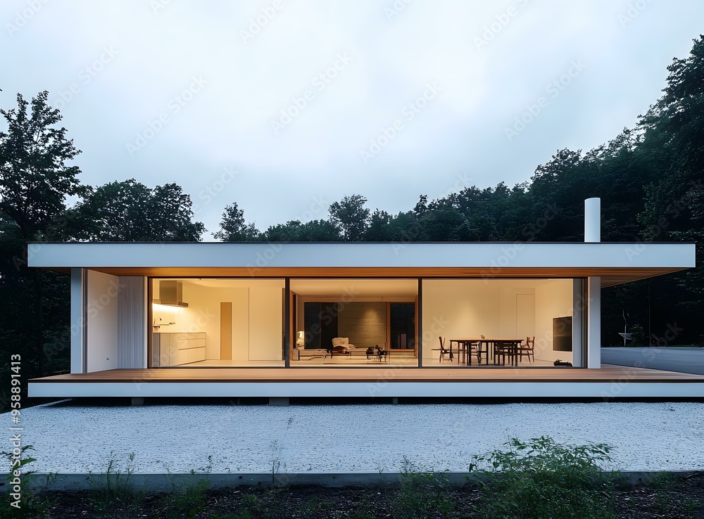 Fototapeta premium Modern Minimalist House with Large Windows and White Exterior