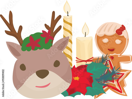 Christmas reindeer decoration illustration on transparent background.
