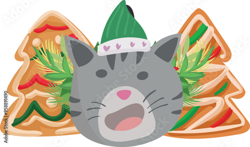 Christmas cat decoration illustration on transparent background.
