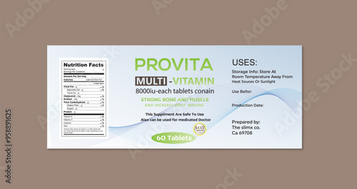 vitamin label template, multi vitamin label, Supplement, vitamin label design, label design, food label, health design, bottle product jar label, vita, packaging, capsule label	
