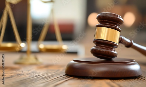 Wooden Gavel on Wooden Table with Blurred Scales of Justice in the Background