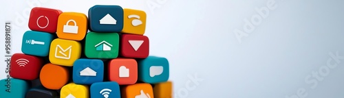 Colorful blocks stacked with various icons, representing technology and internet.