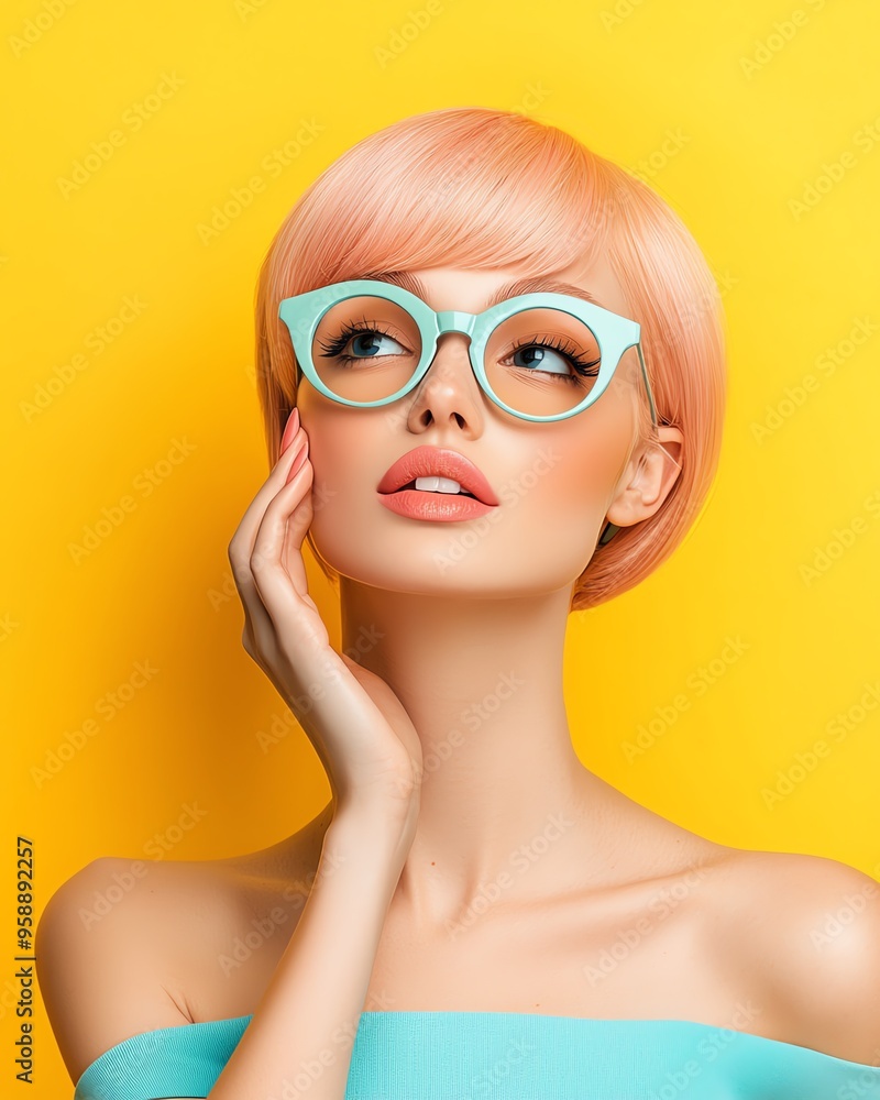 Stylish woman with pastel hair and unique glasses poses against a vibrant yellow background, showcasing modern fashion and beauty. Stylish woman with pastel hair and unique glasses poses against a vibrant yellow background, showcasing modern fashion and beauty.