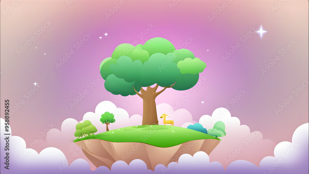 cartoon background with lush green illustrated landscape with trees and clouds cartoon background with lush green illustrated landscape with trees and clouds