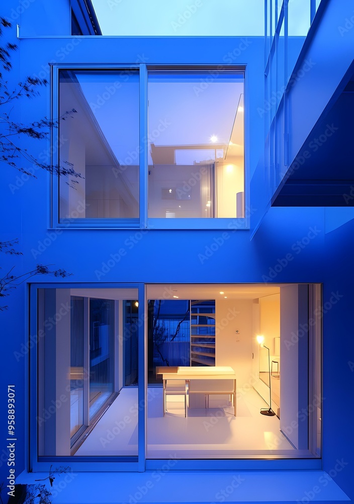 Modern Blue House with Large Windows and Interior View Modern Blue House with Large Windows and Interior View