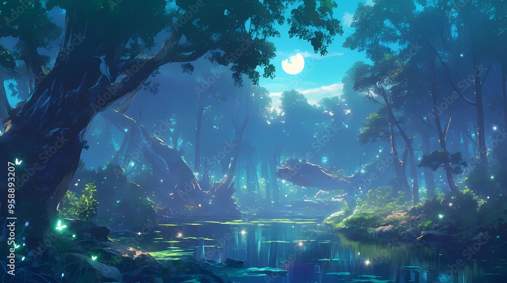 Fototapeta premium A serene, moonlit forest scene with glowing butterflies and reflective waters.