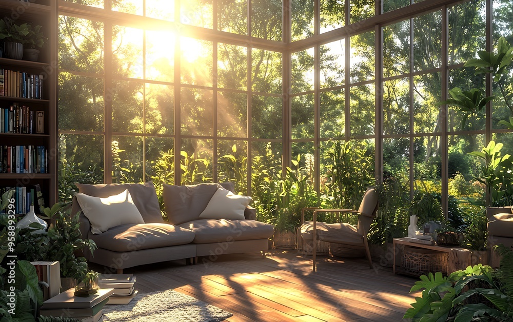 Sunroom with Panoramic Views of a Vibrant Garden, Changing Light from Dawn to Dusk, Comfortable Furniture and Plants Creating a Retreat Sunroom with Panoramic Views of a Vibrant Garden, Changing Light from Dawn to Dusk, Comfortable Furniture and Plants Creating a Retreat
