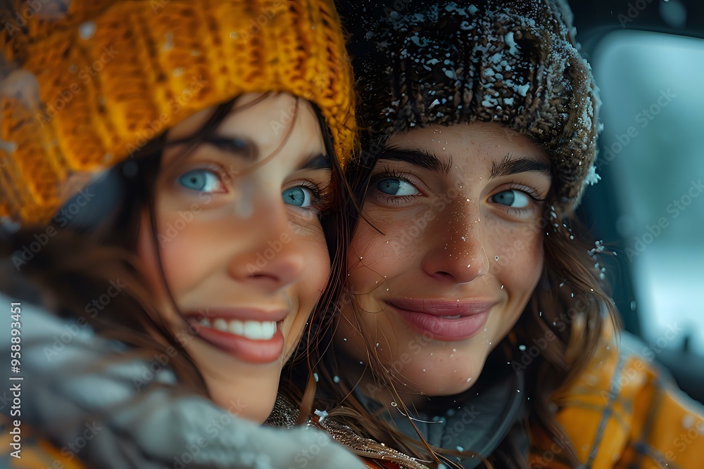 A close-up of a smiling couple in warm winter clothing, wearing matching knitted hats, with snowflakes gently falling around them. Perfect for winter, travel, and lifestyle-themed visuals, evoking A close-up of a smiling couple in warm winter clothing, wearing matching knitted hats, with snowflakes gently falling around them. Perfect for winter, travel, and lifestyle-themed visuals, evoking