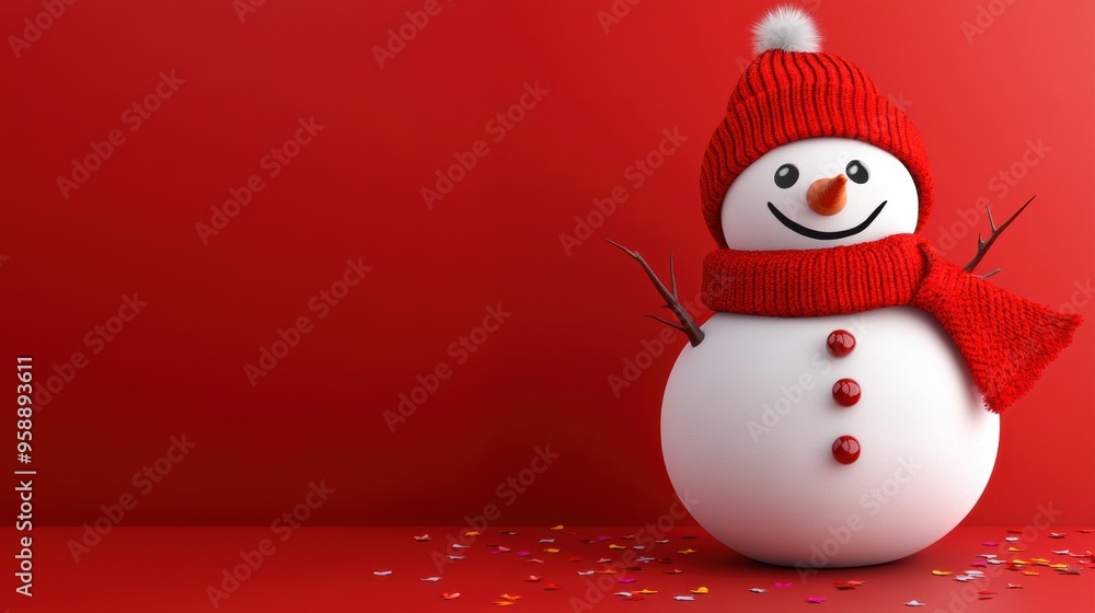 Fototapeta premium A snowman wearing a red hat and scarf on top of a table, AI