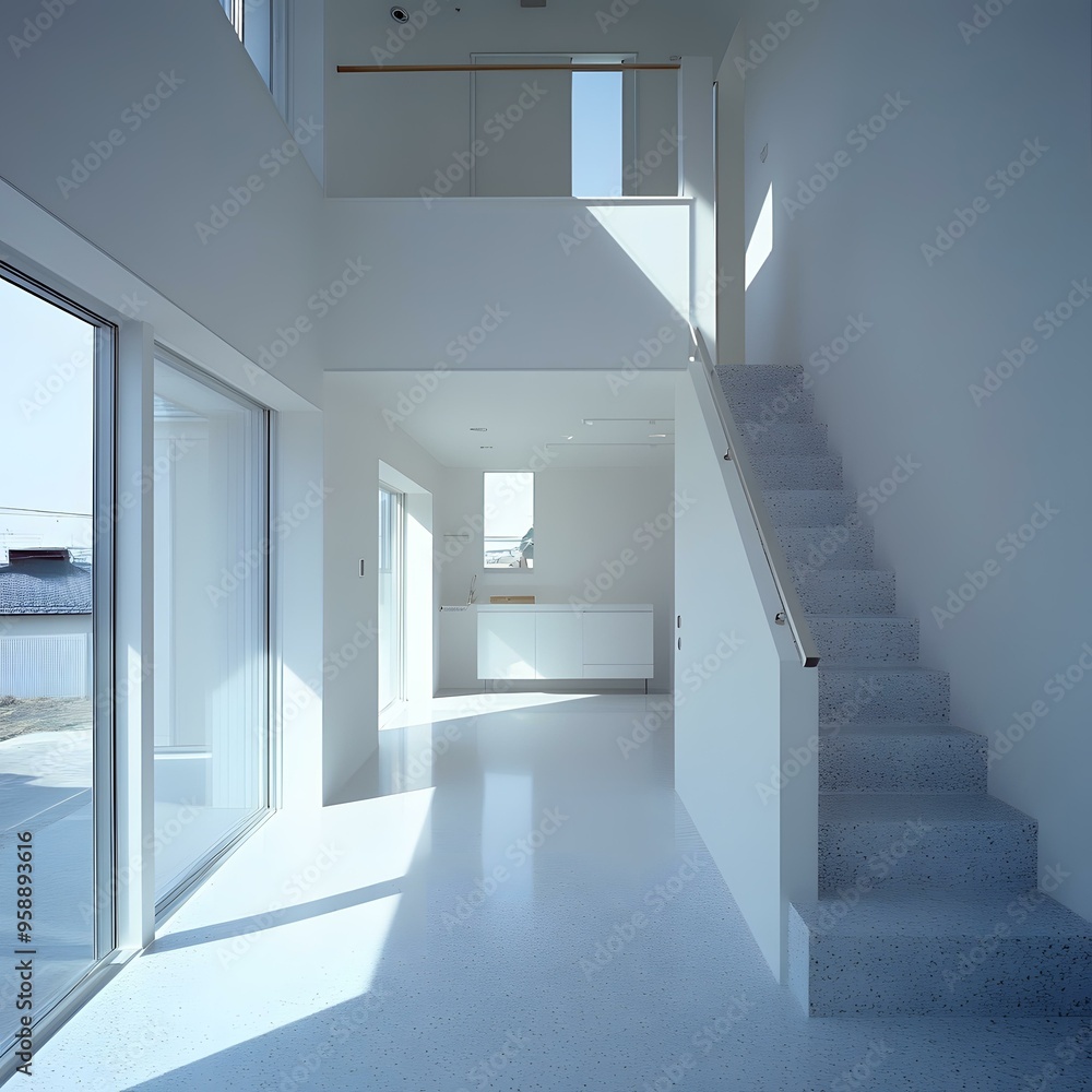 Fototapeta premium Modern Minimalist White Interior Design with Staircase and Large Window