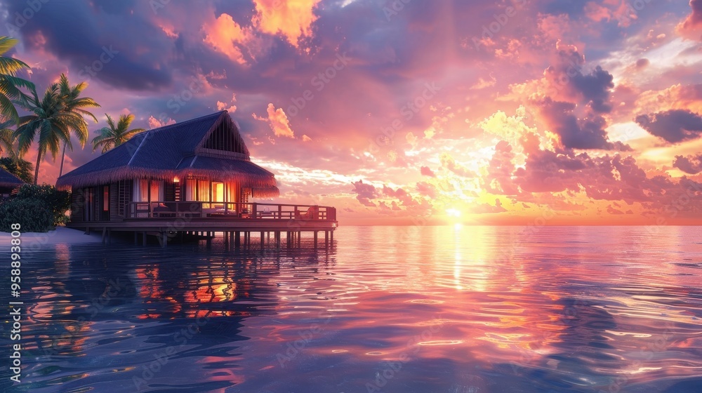Stunning Tropical Sunset Overwater Bungalow with Vibrant Sky and Calm Ocean Reflections Stunning Tropical Sunset Overwater Bungalow with Vibrant Sky and Calm Ocean Reflections