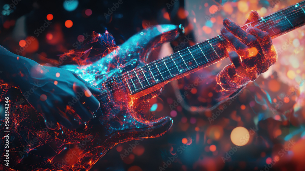 A vibrant, close-up digital painting of a musician playing an electric guitar with fiery, colorful strokes and detail. A vibrant, close-up digital painting of a musician playing an electric guitar with fiery, colorful strokes and detail.