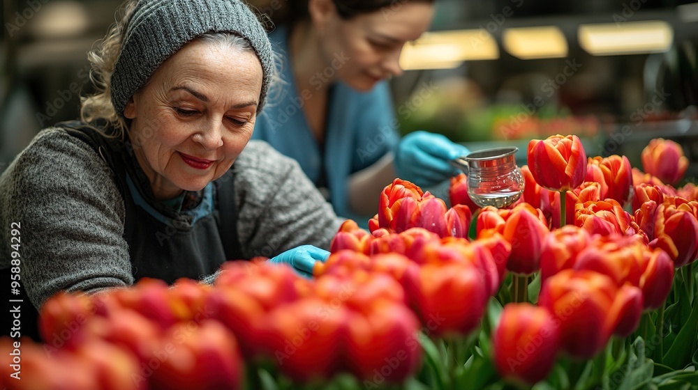 senior woman and nurse giving water to tulip bouquet senior woman and nurse giving water to tulip bouquet