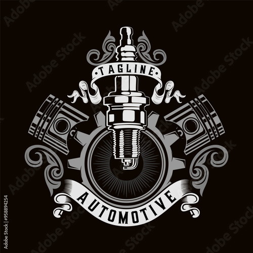 workshop logo, engine pistons spark plug and gears, for auto or motorcycle repair shop.