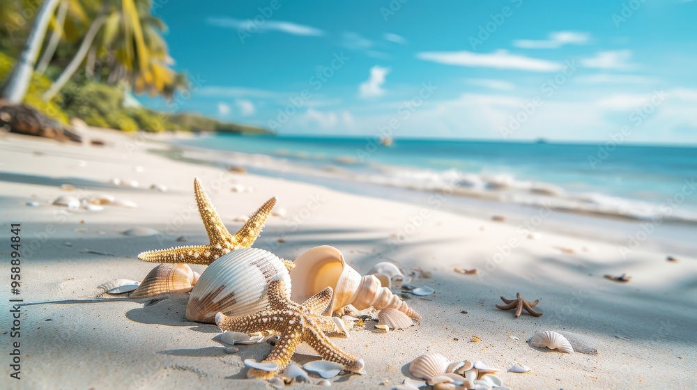 Tropical Beach with Starfish and Seashells on White Sand Under a Clear Blue Sky Tropical Beach with Starfish and Seashells on White Sand Under a Clear Blue Sky