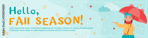 Banner Hello, fall season! A happy girl in autumn clothes catches raindrops under an umbrella.