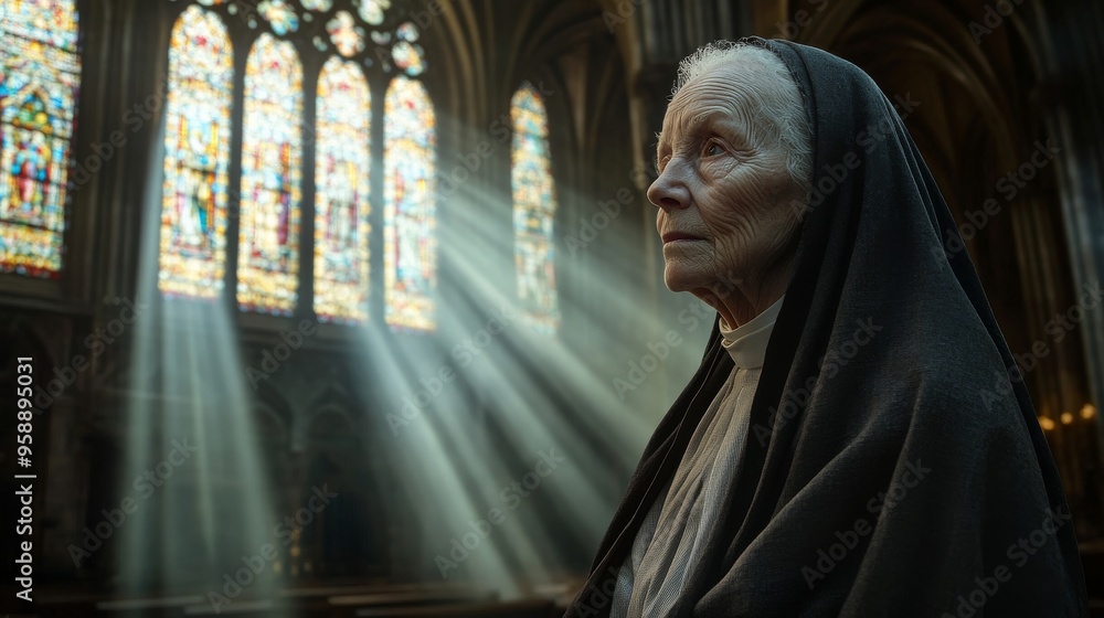 A Contemplative Elderly Woman Gazes Thoughtfully in a Sunlit Cathedral A Contemplative Elderly Woman Gazes Thoughtfully in a Sunlit Cathedral
