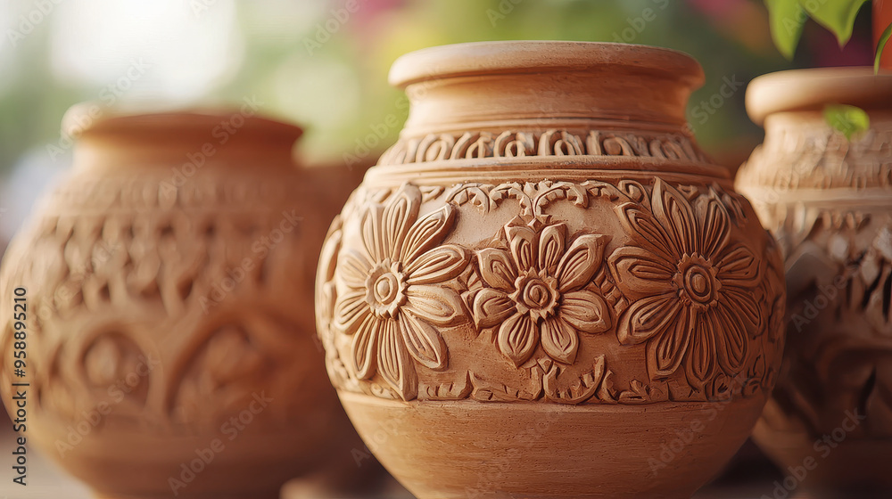 Close-up of beautifully handcrafted terracotta pots featuring elaborate floral designs, highlighting the fine craftsmanship and traditional artistic flair incorporated in the pieces. Close-up of beautifully handcrafted terracotta pots featuring elaborate floral designs, highlighting the fine craftsmanship and traditional artistic flair incorporated in the pieces.