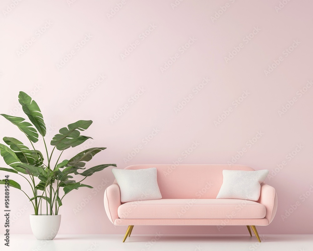 Soft pink decor, comfy sofa with lush green plants, modern living room, 3D illustration Soft pink decor, comfy sofa with lush green plants, modern living room, 3D illustration