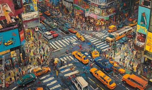 Busy City Street Intersection with Yellow Taxis and Pedestrians