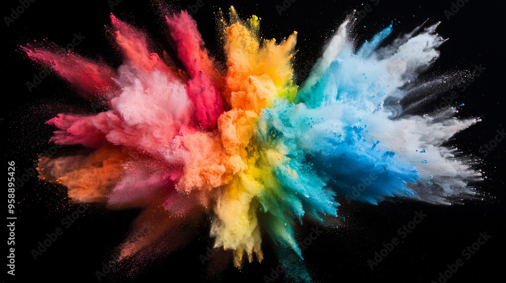 Spectacular burst of multi-colored powder, each shade blending seamlessly into the next, creating a stunning visual of energy and vibrancy Spectacular burst of multi-colored powder, each shade blending seamlessly into the next, creating a stunning visual of energy and vibrancy