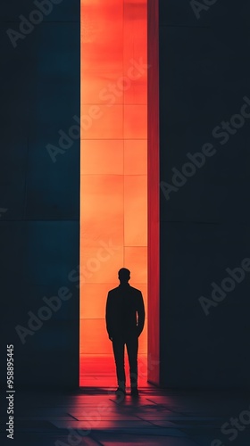 Silhouette of a Man Standing in a Doorway with a Red Light