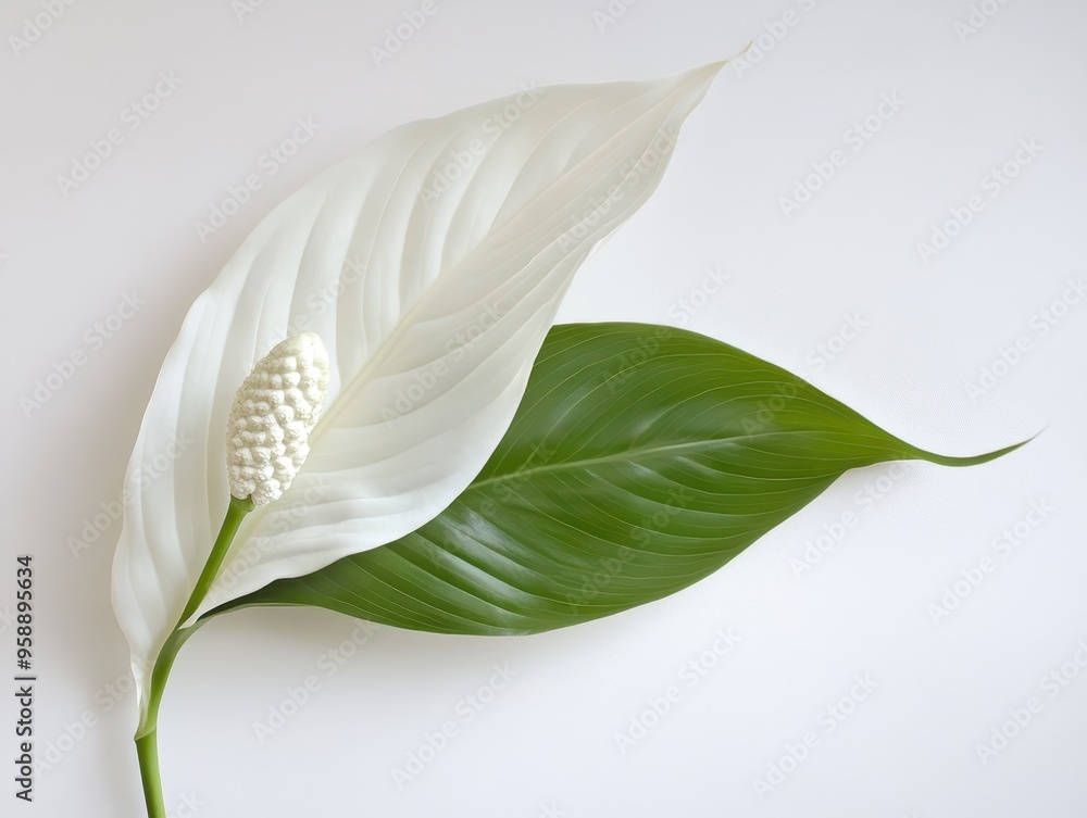Obraz premium Elegant white and green leaf arrangement, showcasing the beauty of nature, perfect for interior decor and botanical designs.