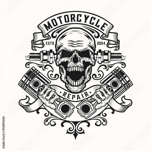 workshop logo, skull engine pistons spark plug & ribbon for auto or motorcycle repair shop.